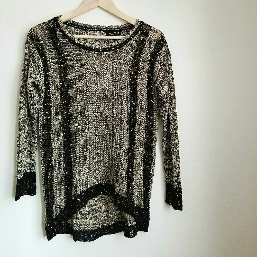 EUC Cartise Sweater Gold & Black Sequins, Sparkly, Thick Knit, Vintage